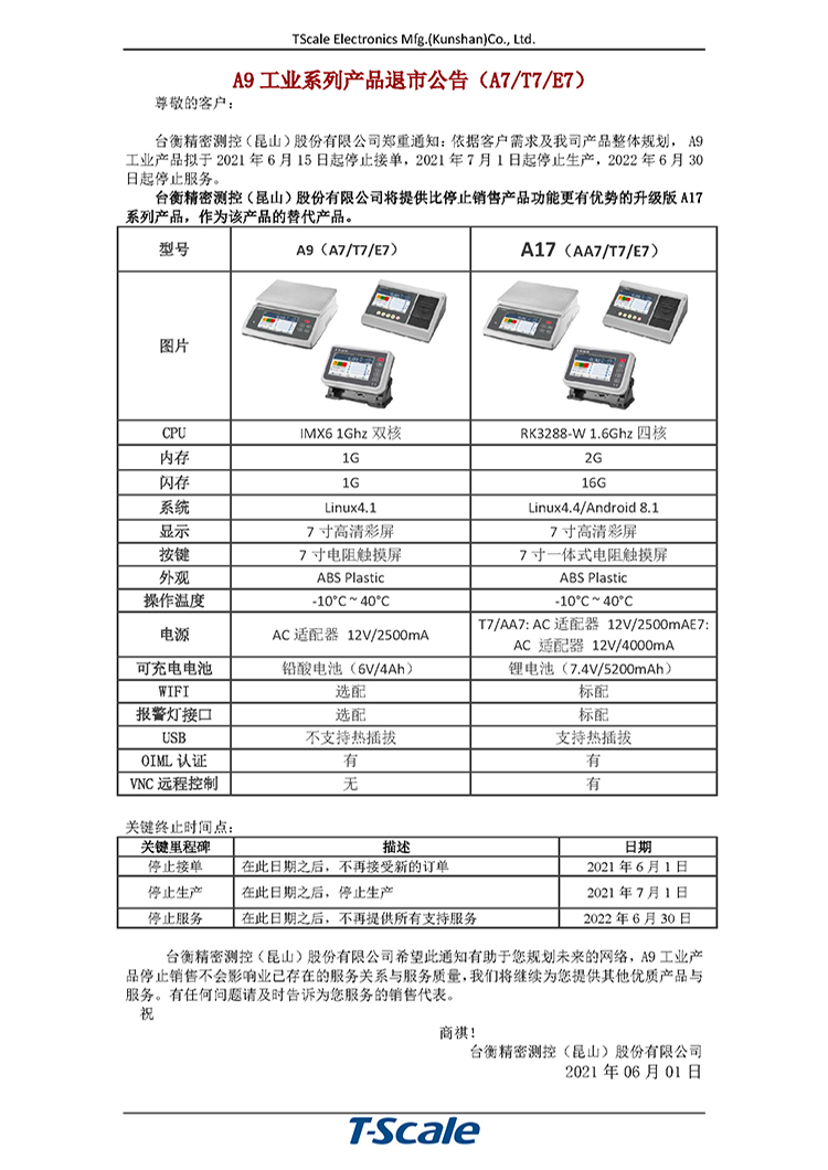 臺衡智能秤-A9系列工業(yè)產(chǎn)品（A7/T7/E7）退市公告